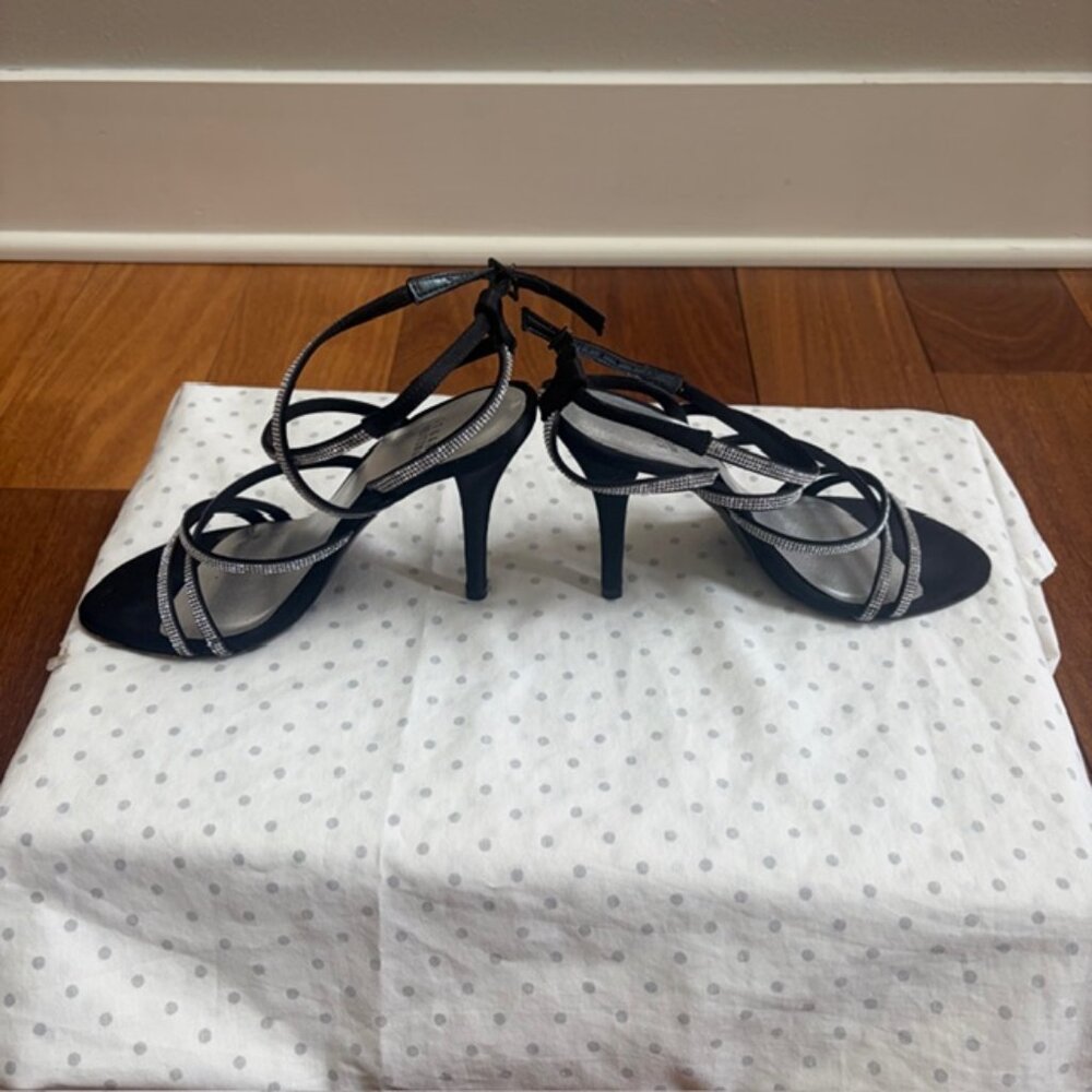 Stuart Weitzman Gemex black satin heels featuring micro crystal embellishments